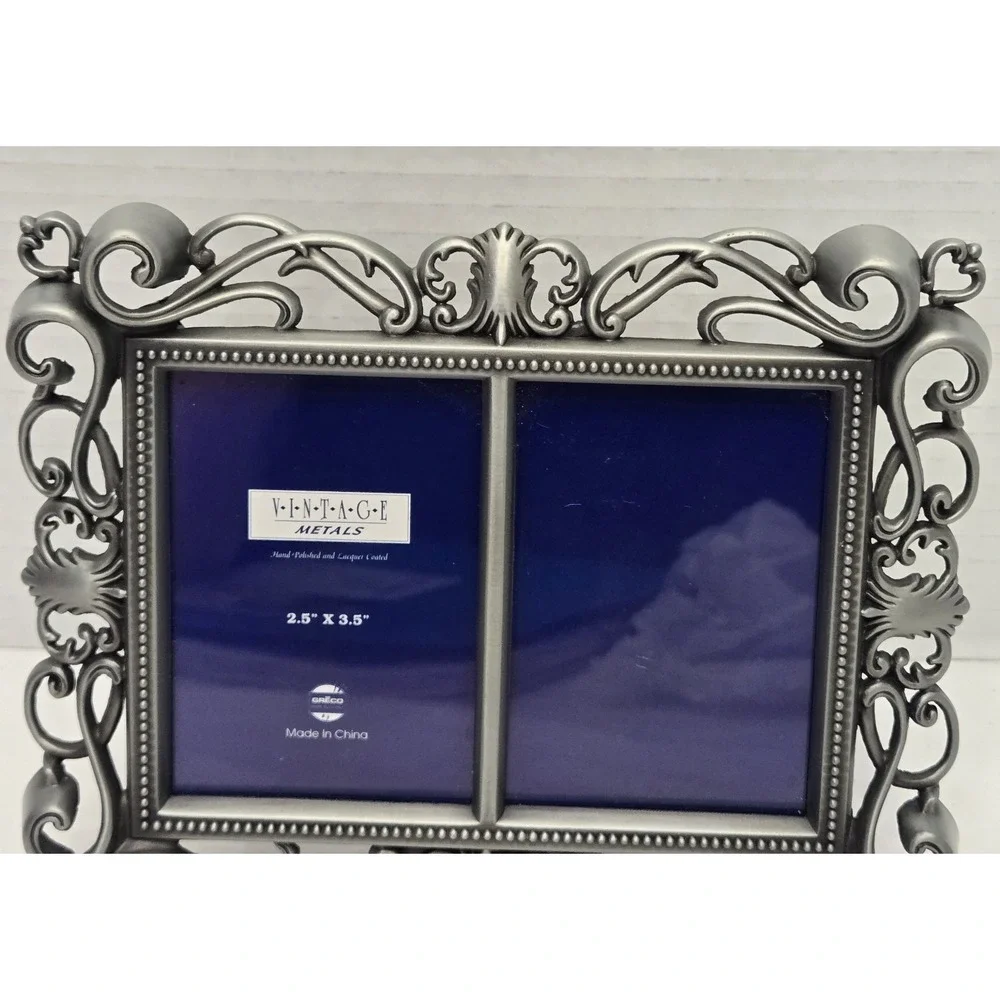 Orna Metals Antique-Style Ornate Pewter Double Photo Frame Scrollwork Design